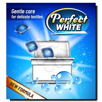 Perfect White Wash Powder Advertise Banner Vector. Cubes Of Washing Powder In Blank Plastic Box. Gentle Care For Delicate Textiles Laundry Machine In Box Package. Template Realistic 3d Illustration
