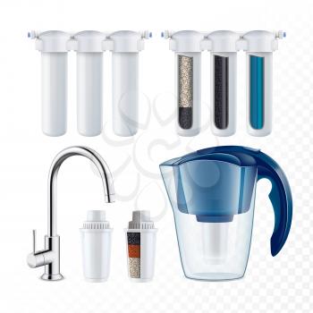 Water Filtration System And Equipment Set Vector. Faucet With Filtration System And Blank Carafe With Charcoal Mineral Filter Cartridge. Healthy Drink Prepare Tool Template Realistic 3d Illustrations