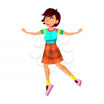 Girl Teen Happy Jumping After Examination Vector. Asian Teenager Jumping And Celebrate Successful Graduation On Festival Event. Character Young Lady Good Mood Flat Cartoon Illustration