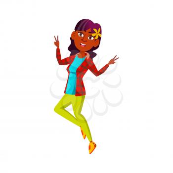 Girl Teen Happiness Jumping On Festival Vector. Hispanic Teenager With Flower In Hair Happy Jumping On Celebrative Event And Gesturing Peace. Character Positive Emotion Flat Cartoon Illustration