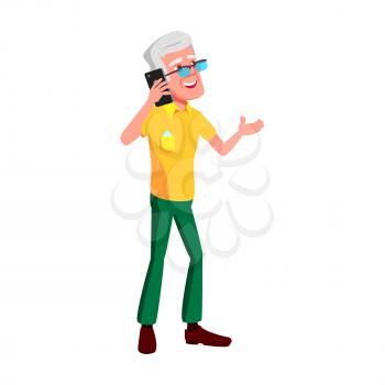 Elderly Man Talking On Smartphone Outdoor Vector. Happy Pensioner Talk On Smartphone, Funny Conversation And Communication On Digital Electronic Gadget. Character Flat Cartoon Illustration