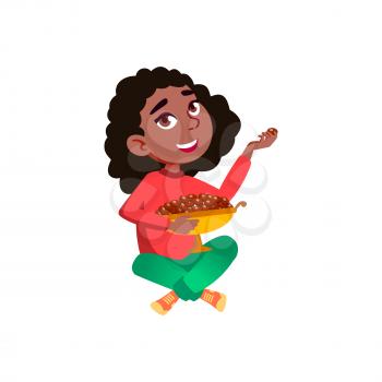 School Girl Kid Eating Chocolate Candies Vector. Happy African Little Schoolgirl Child Sitting On Floor And Eat Chocolate Candies From Bowl. Character Enjoy Dessert Food Flat Cartoon Illustration