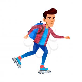 Schoolboy Riding Roller Skates Outdoor Vector. Asian School Boy Ride Roller Skates In Park. Character Teenager With Backpack Skating, Funny Sport Active Time Flat Cartoon Illustration