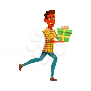 Teen Boy Run At Birthday Party With Gift Vector. Positive Mood Teenager Guy Late And Run With Present Box On Anniversary Event. Character Running On Festive Celebration Flat Cartoon Illustration
