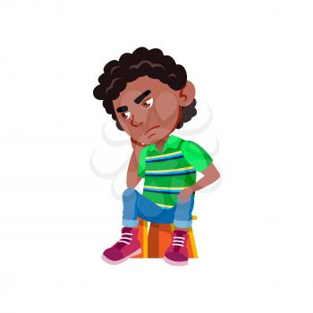School Boy Sitting On Chair And Thinking Vector. Sad African Schoolboy Kid Sit On Seat And Thinking About Problem Or Remember Where Lost Toy. Thoughtful Character Flat Cartoon Illustration