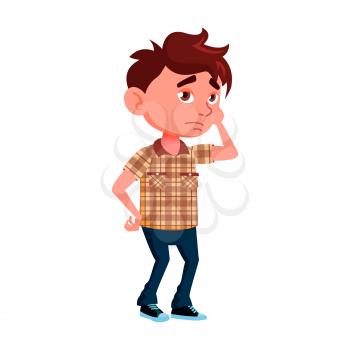 Sad School Boy Kid Thinking About Problem Vector. Caucasian Disappointed Schoolboy Touching Head And Thinking Something. Frustrated Little Character Child Pupil Flat Cartoon Illustration
