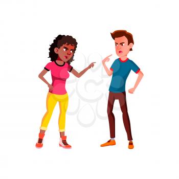 Boyfriend And Girlfriend Couple Conflict Vector. Aggressive Conflict Of Friends Boy And Girls Teenagers, Angry Quarrelling And Discussing. Characters Shouting Flat Cartoon Illustration