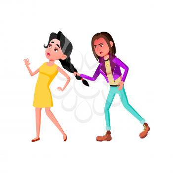 Girl Pulling Teen Pigtail With Aggression Vector. Angry Negative Teenager Lady Aggressive Pull Friend Pigtail, Harassment Problem. Characters Relationship And Quarrelling Flat Cartoon Illustration