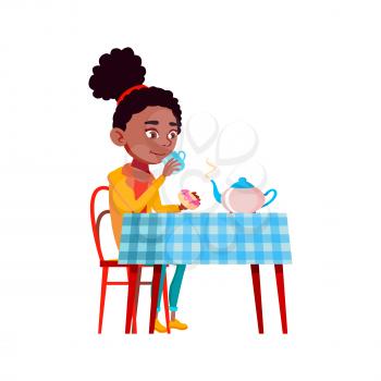 Tea Drinking Teen Girl At Table In Morning Vector. African Teenager Lady Eating Donut And Drinking Energy Hot Drink. Character Enjoying Delicious Beverage From Teapot Flat Cartoon Illustration