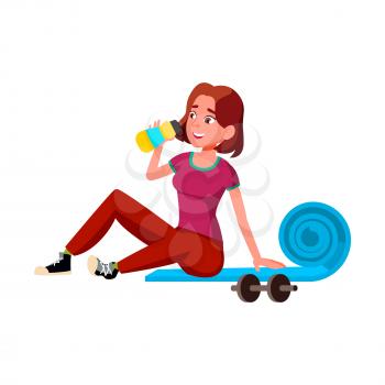 Girl Teen Drinking Water After Training Vector. Thirsty Teenager Drinking Refreshment Beverage From Bottle After Fitness Active Exercise. Character Refreshing In Gym Flat Cartoon Illustration