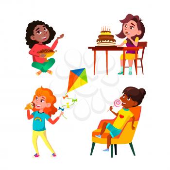 School Girls Eating Delicious Sweets Set Vector. Schoolgirls Eat Ice Cream And Cake, Lollipop And And Chocolate Candies Sweets. Characters Enjoying Dessert Flat Cartoon Illustrations