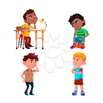 Thinking School Boys About Problem Set Vector. Schoolboys Sitting On Chair At Table And Standing Thinking For Solve Task. Thoughtful Characters Guys Children Flat Cartoon Illustrations