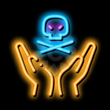 Hands Hold Skull neon light sign vector. Glowing bright icon Hands Hold Skull sign. transparent symbol illustration