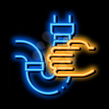 Hand Hold Pipe neon light sign vector. Glowing bright icon Hand Hold Pipe sign. transparent symbol illustration