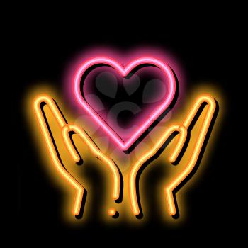 Hands Hold Heart neon light sign vector. Glowing bright icon Hands Hold Heart sign. transparent symbol illustration