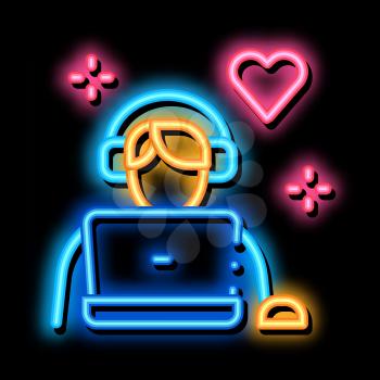Man in Headphones at Computer neon light sign vector. Glowing bright icon Man in Headphones at Computer Sign. transparent symbol illustration