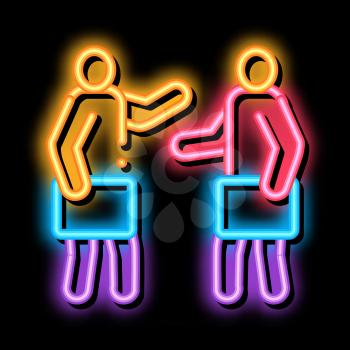 meeting of two working people neon light sign vector. Glowing bright icon meeting of two working people sign. transparent symbol illustration