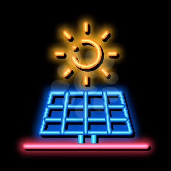 action of sun on battery neon light sign vector. Glowing bright icon action of sun on battery sign. transparent symbol illustration