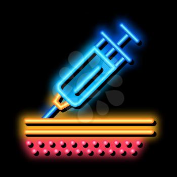 injection of syringe under skin neon light sign vector. Glowing bright icon injection of syringe under skin sign. transparent symbol illustration