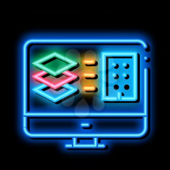 computer simulation of building neon light sign vector. Glowing bright icon computer simulation of building sign. transparent symbol illustration
