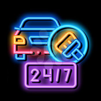24 hour car wash neon light sign vector. Glowing bright icon 24 hour car wash sign. transparent symbol illustration