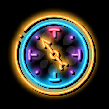 clock shows time neon light sign vector. Glowing bright icon clock shows time sign. transparent symbol illustration