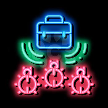 bugs for listening in briefcase neon light sign vector. Glowing bright icon bugs for listening in briefcase sign. transparent symbol illustration