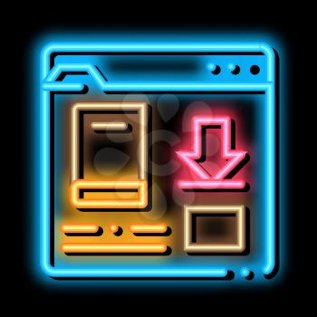 book download folder neon light sign vector. Glowing bright icon book download folder sign. transparent symbol illustration