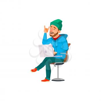 young man listening rock music on laptop and singing cartoon vector. young man listening rock music on laptop and singing character. isolated flat cartoon illustration