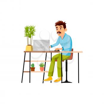 adult man communicate with partners on laptop device cartoon vector. adult man communicate with partners on laptop device character. isolated flat cartoon illustration