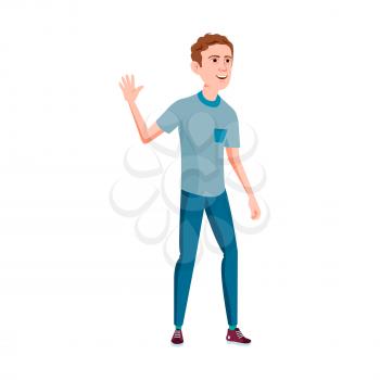 caucasian young man waving hand and welcome friend on street cartoon vector. caucasian young man waving hand and welcome friend on street character. isolated flat cartoon illustration