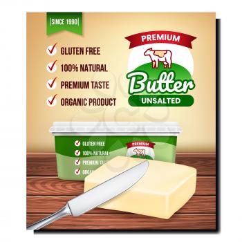 Butter Organic Product Promotion Banner Vector. Butter Blank Packaging And Knife Kitchen Utensil On Wooden Table Advertising Poster. Fatty Nourishment Style Concept Template Illustration
