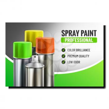 Professional Spray Paint Promotional Banner Vector. Spray Paint Blank Metallic Bottle With Multicolored Cap On Advertising Poster. Accessory For Drawing Style Concept Template Illustration