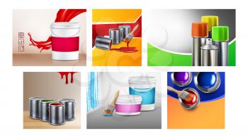 Paint Blank Containers Promo Posters Set Vector. Spray Interior And Home Renovation Multicolored Paint Bottles And Brush On Advertising Banners. Style Concept Template Illustrations