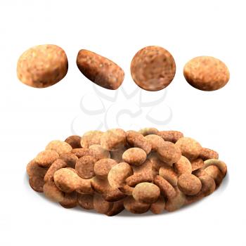 Pet Food For Feeding Hungry Dog And Cat Vector. Delicious Dry Pet Food For Feed Domestic Animal. Puppy Vitamin Eatery Nutrition Breakfast, Lunch Or Dinner Template Realistic 3d Illustration