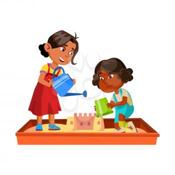 Girls Children Building Castle In Sandbox Vector. Hispanic And African Multiracial Ladies Kids Build Sandy Castle Together With Bucket And Watering Can. Characters Flat Cartoon Illustration