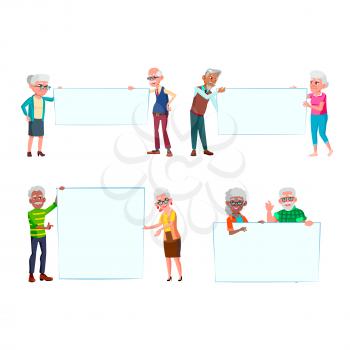 Old Man And Woman People With Banners Set Vector. Elderly Grandfather And Grandmother Holding Blank Banners Together. Characters Hold Empty Billboard Together Flat Cartoon Illustrations