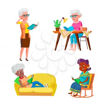 Old Woman Reading And Enjoying Book Set Vector. Pensioner Lady Standing And Sitting In Rocking Chair, Laying On Couch And Sit At Table Read Book Literature. Characters Flat Cartoon Illustrations