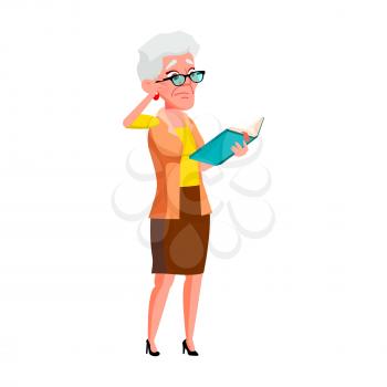 Sad Elderly Woman Reading Book In Library Vector. Sadness Old Lady Standing And Read Story Book. Frustrated Character Grandmother With Glasses Enjoying Literature Flat Cartoon Illustration