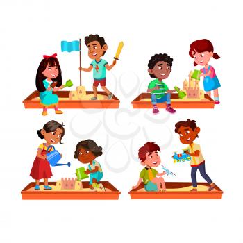 Boy And Girl Kids Playing In Sandbox Set Vector. Children Together In Sandbox, Building Sandy Castle And Play With Airplane And Train Toys. Characters Recreation Time Flat Cartoon Illustrations
