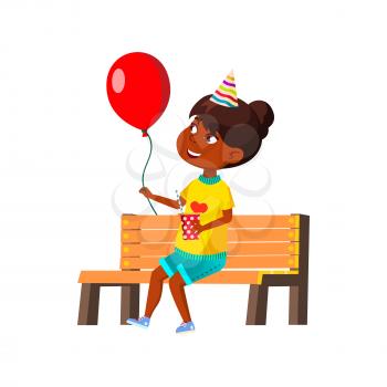 Girl Kid Celebrate Birthday With Balloon Vector. African Lady Child Sitting On Bench, Drinking Drink And Playing With Helium Balloon Present On Party. Character Flat Cartoon Illustration