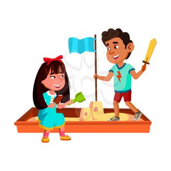 Boy And Girl Children Playing In Sandbox Vector. Hispanic Guy And Asian Lady Kids Eating Ice Cream And Playing Knight Near Sandy Castle. Characters Play Together Flat Cartoon Illustration