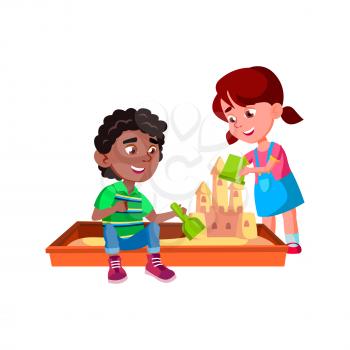 Children Building Sandy Castle In Sandbox Vector. African Boy With Scoop And Caucasian Girl With Bucket Kids Build Sand Castle Outdoor. Characters Playing Together Flat Cartoon Illustration