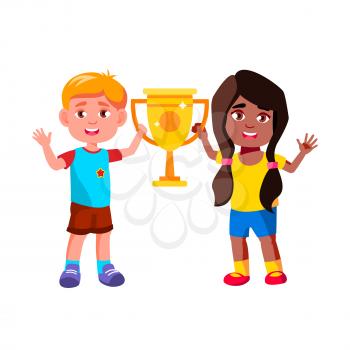 Children Holding Cup Award Togetherness Vector. Caucasian Boy And African Girl Holding Won Golden Cup Reward In Championship. Characters Celebrate Win In Competition Flat Cartoon Illustration