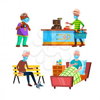 Old Man Wearing Protective Facial Mask Set Vector. Elderly Grandfather Wear Medical Protection Facial Mask In Hospital And Grocery Shop, In Park And Excursion. Characters Flat Cartoon Illustrations