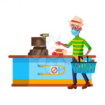Old Man Wearing Facial Mask In Supermarket Vector. African Elderly Guy Wear Medicine Protect Facial Mask And Shopping In Grocery Market. Character Buying Food At Counter Flat Cartoon Illustration