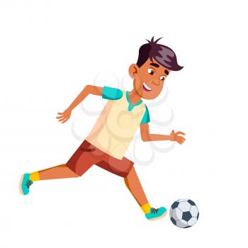Teenager Boy Playing Soccer Sport Game Vector. Hispanic Schoolboy Play Football Game And Running With Ball On Field. Happiness Character Player Sportive Activity Flat Cartoon Illustration