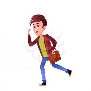 Teen Boy Late And Running At School Lesson Vector. Disappointed Caucasian Teenager With Bag Hurry Running At College Lecture. Worried Character Student Guy Flat Cartoon Illustration