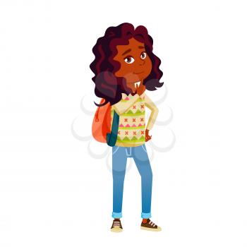 Girl Teen Thinking And Dreaming In School Vector. Happy Smiling African Lady Teenager With Back Pack Thinking About Question And Searching Answer. Character Flat Cartoon Illustration