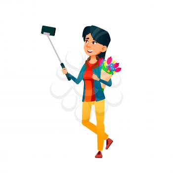 Girl Teenager Make Video On Phone Camera Vector. Happy Asian Teen With Flower Bouquet Holding Smartphone On Selfie Stick And Streaming Video Online. Character Flat Cartoon Illustration